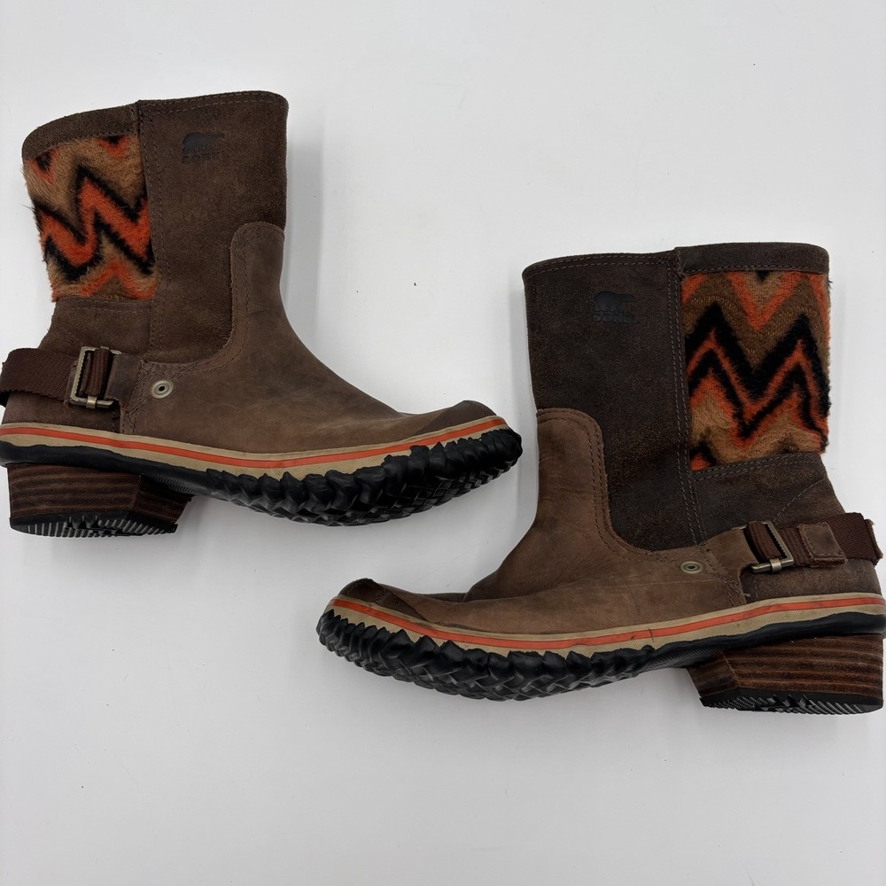 Sorel‎ Slimshortie Navajo Leather Short Sheep Fur Lined Winter Boots Womens 7.5 - Picture 3 of 7